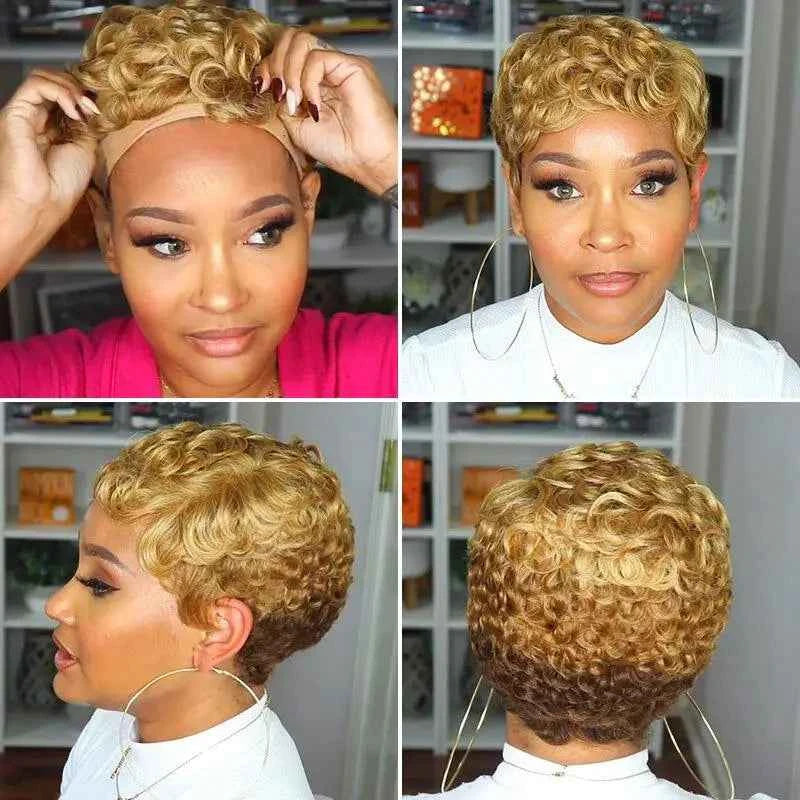 WIGERA Synthetic Short  Hairstyle  Curly Pixie Cut  Bob Wig Glond Brown/ Black/Wine Red Hair  Colored Wigs For Women