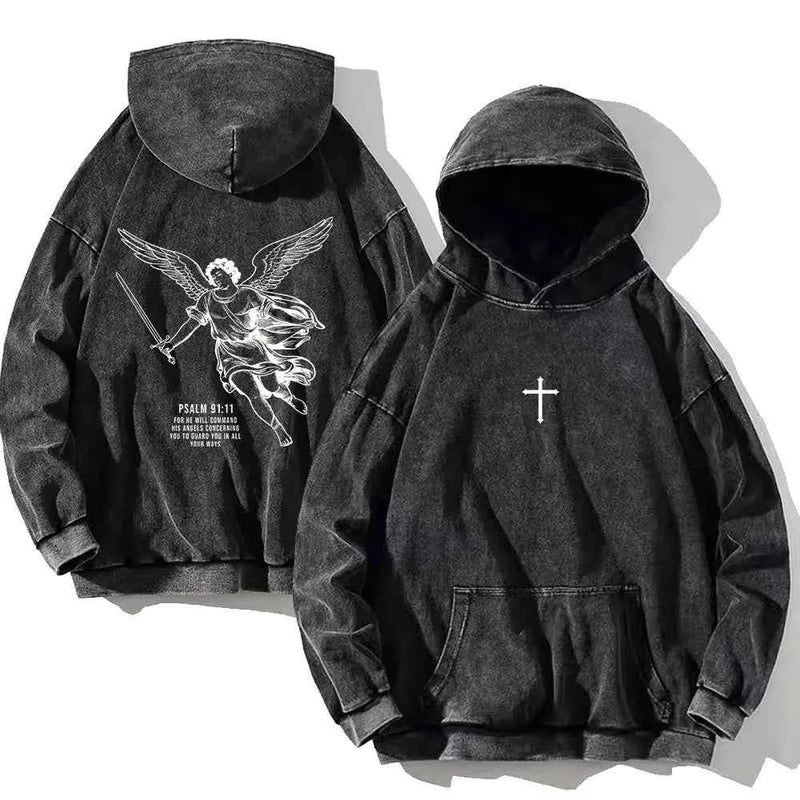 Vintage PSALM 91:11 Print Cotton Washed Hoodie Casual Hip Hop Men Women High Street Retro Hooded Sweatshirt Winter Pullover