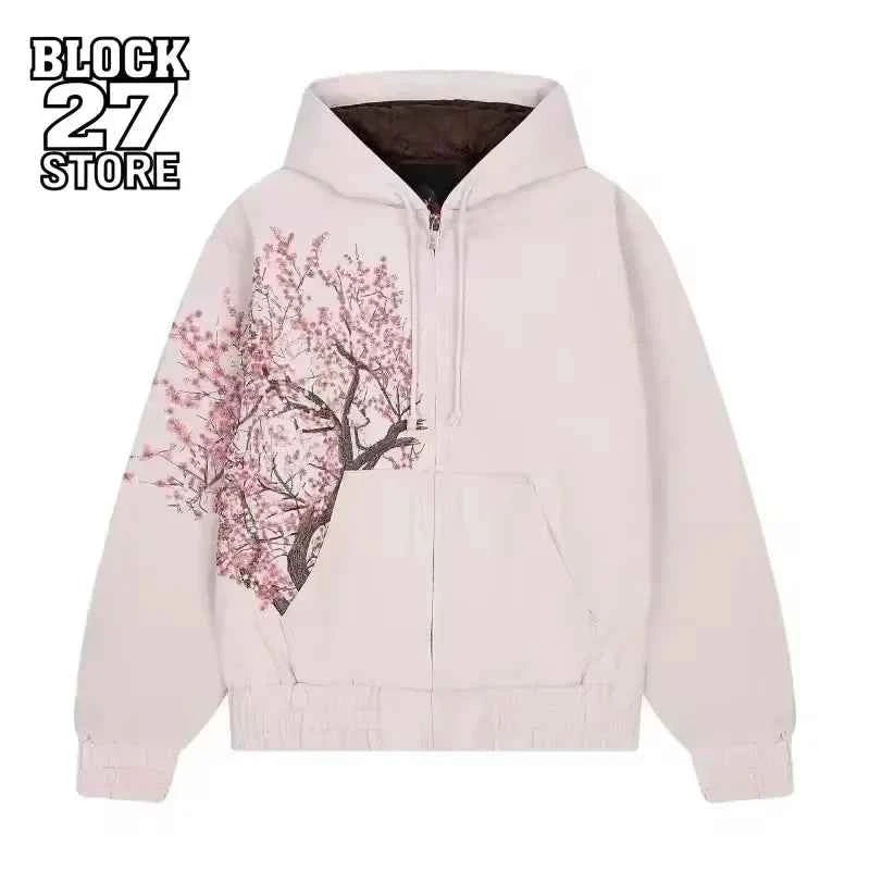Harajuku American Retro Sakura Embroidery Pink Hoodie Y2K Jacket Men Women Oversized Gothic Streetwear Casual Fashion Outerwear