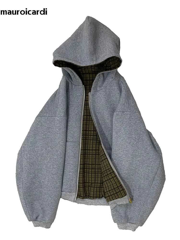 Mauroicardi Autumn Oversized Reversible Hoodies Men Loose Casual Luxury Designer Clothes Hoodie with Plaid Lining Sweatshirt