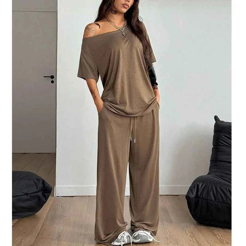 Summer 2026 Women's Casual Solid Asymmetrical Tracksuits Sports One Shoulder T-shirt And Loose Long Pants Two-Piece