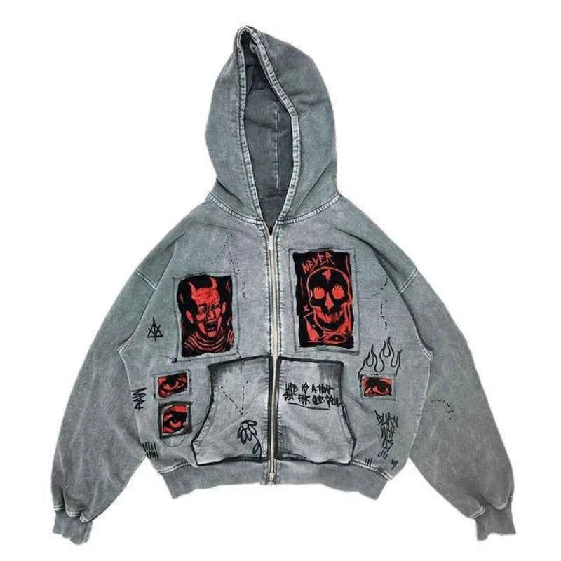 European and American street Y2K devil print fashion trend Harajuku heavyweight men's and women's loose hooded hoodie Y2K EMO