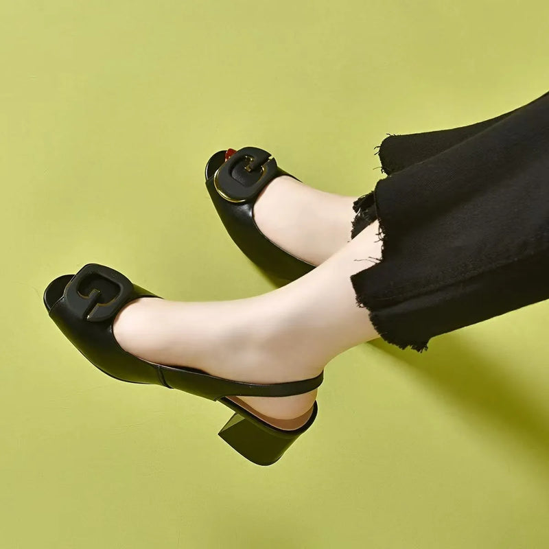 Peep Toe Slingback Pumps Women Fashion Block High Heels Elegant Summer Sandals Lady Office Work Dress Shoes Large Buckle Mules