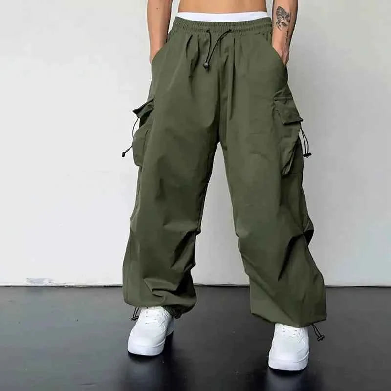 Vintage Men Drawstring Cargo Pants Multi Big Pockets Loose Wide Leg Jogger Trousers Adjustable Ankle Cuff Couple Casual Bottoms
