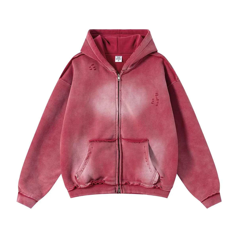 Men's Zip Up Hoodies Y2k Distressed Washed Oversize Cardigan Hoodie Plus Plush Tie-dye Fraying Hooded Sweatshirt Autumn Winter