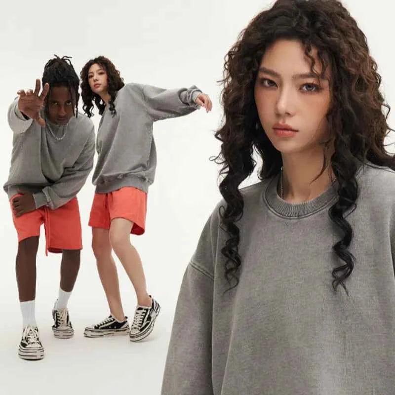 Heavyweight 480g Washed Vintage round Neck Hoodie Loose Shoulder Men Women Solid Color Cotton Sweatshirt Casual Urban Fashion