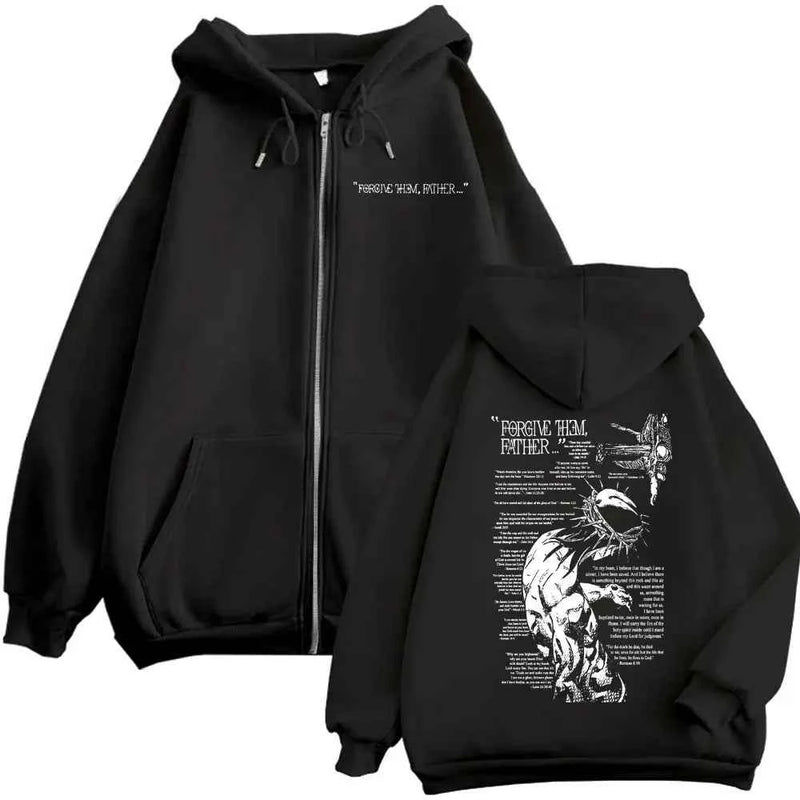 Christian Religious Jesus Forgive Them Father Zipper Hoodie Fashion Vintage Zip Up Sweatshirts Unisex Casual Oversized Pullovers