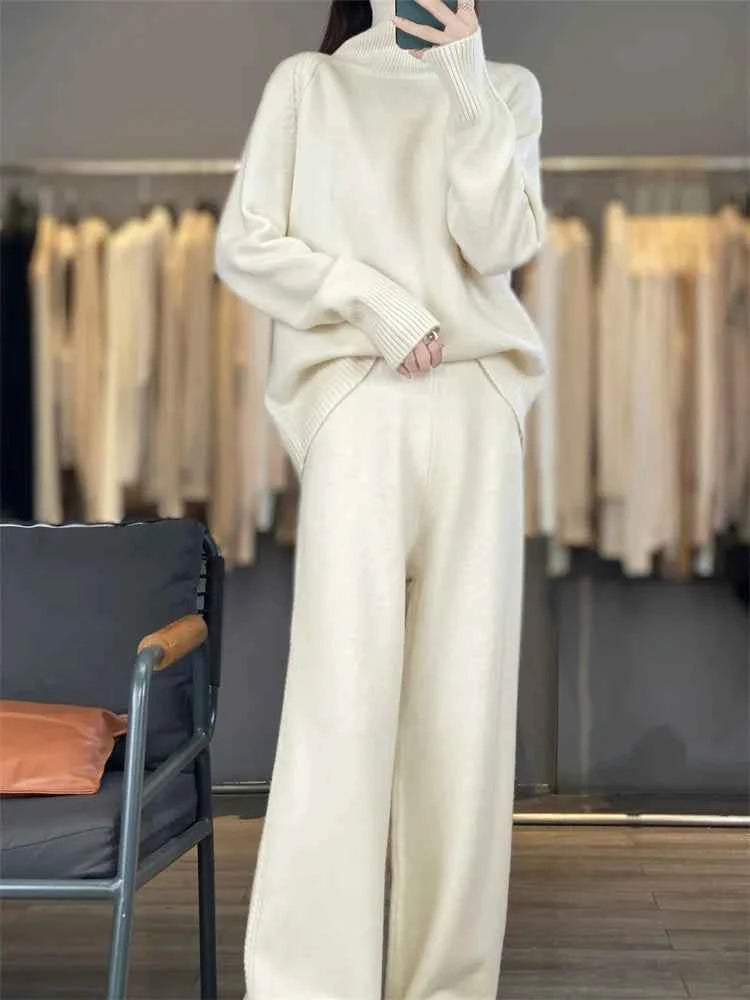 Women's Matching Set 100% Merino Wool High Neck Solid Color Sweater Casual Knitted Pants 2-Piece Set Loose Women's Clothing