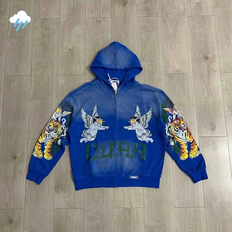 Men Women Unisex Hip Hop Tiger Angel Print Flash Diamond DUAA Zipper Hoodie 100% Cotton Vintage Washed Blue Cardigan Coats Tag