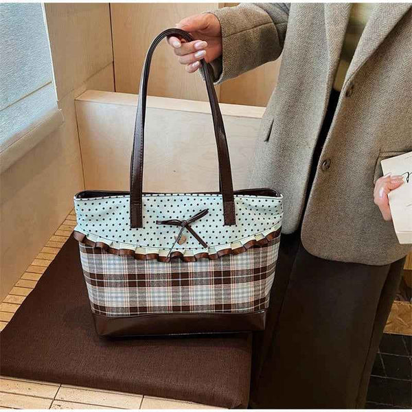 Chic Mint Green Patchwork Handbag: The Stylish Polka Dot Tote with Bow & Lace Details